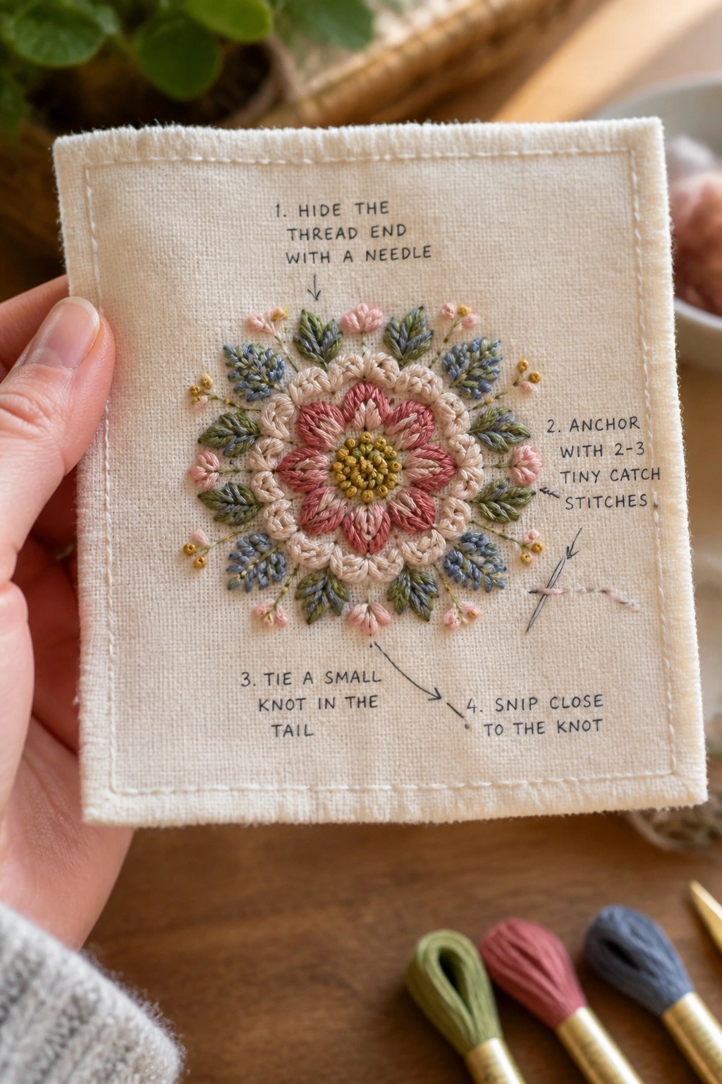 A hand holds a cream fabric square with a central embroidered flower and numbered text instructions showing how to hide and secure thread ends, with floss skeins visible below.