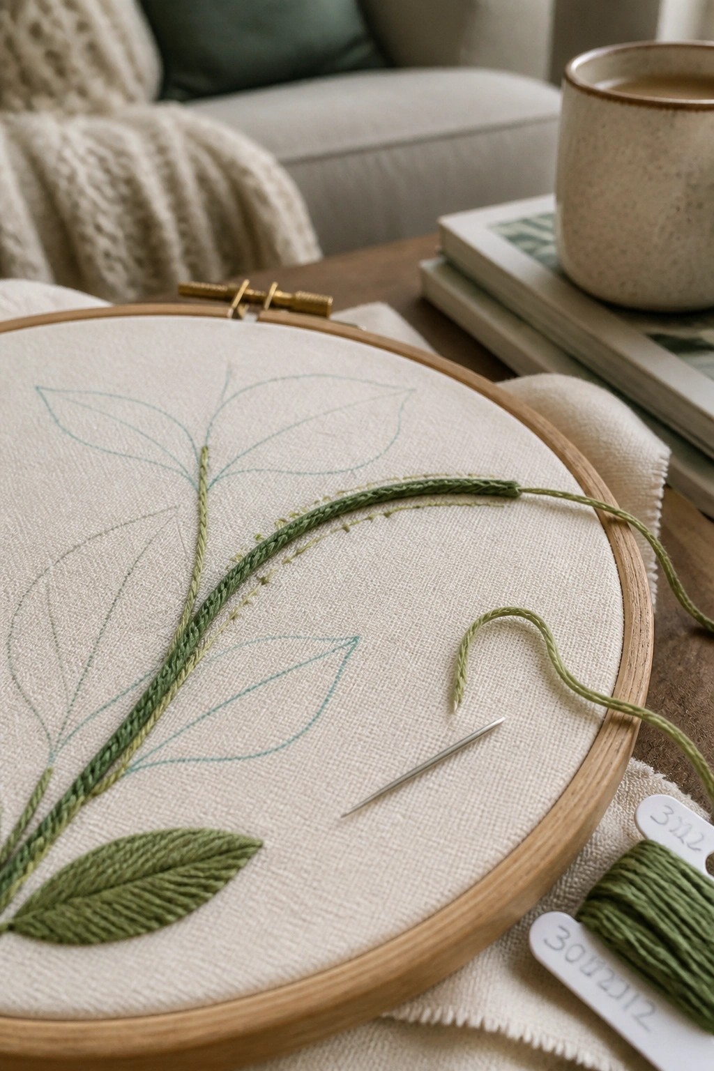 Embroidery hoop with green leaf stitching, needle, and thread on fabric.