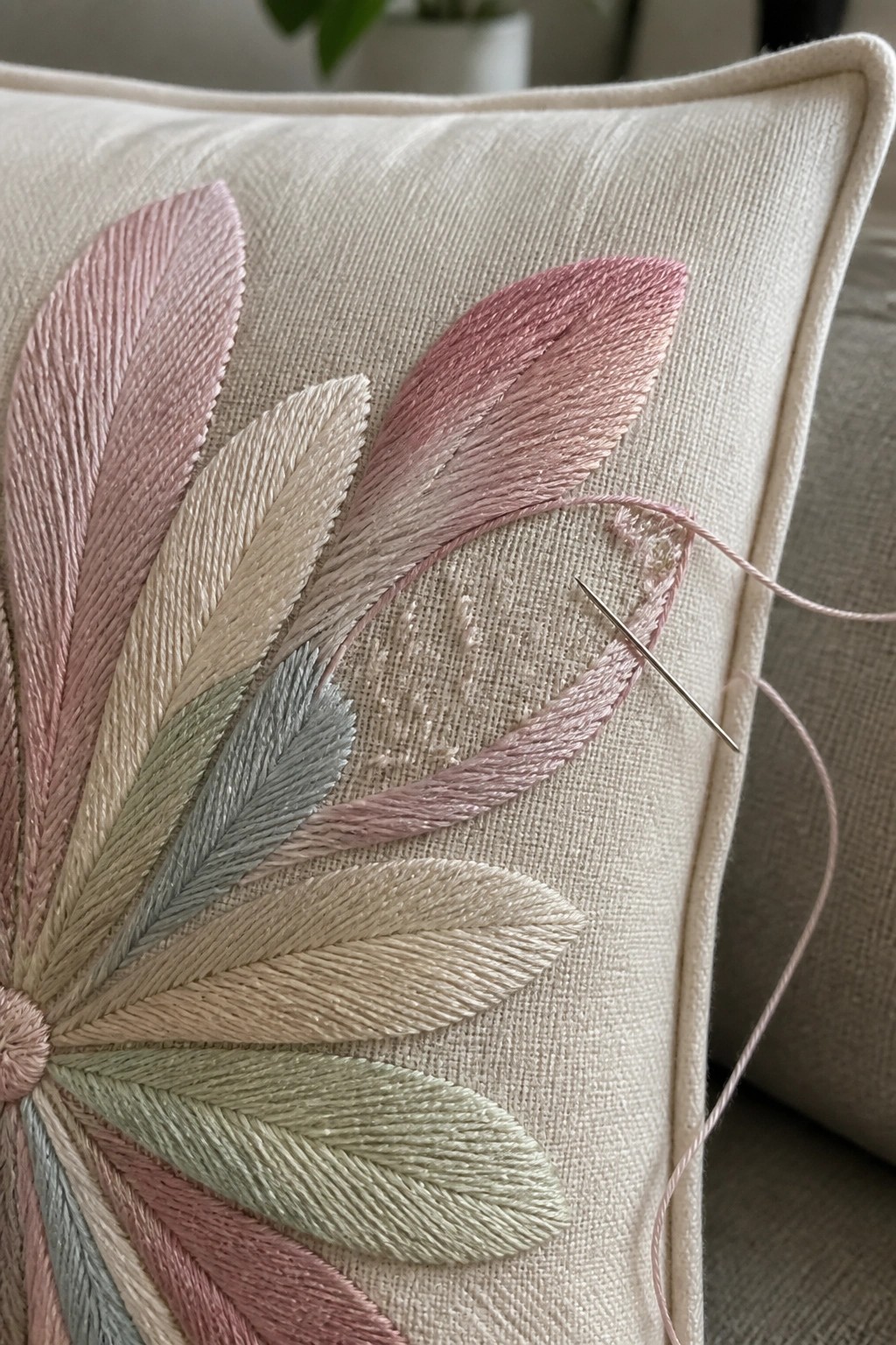 Needle with pink thread on beige pillow with pink, green, and cream leaf embroidery