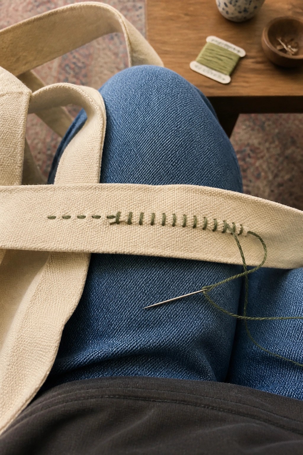 Green thread hand-stitching beige canvas tote strap on blue denim lap