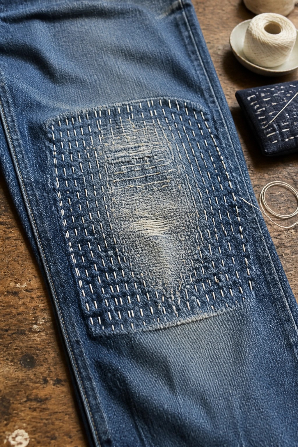 Blue jeans knee repaired with dense white sashiko stitching beside thread spools on wood.
