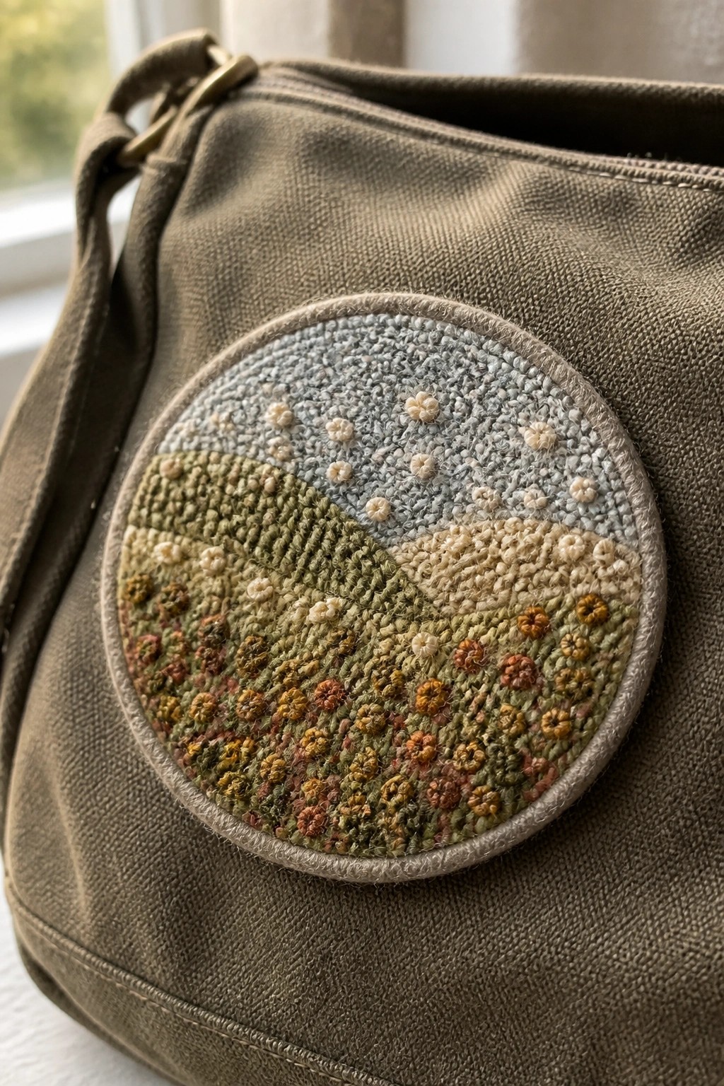 Olive green canvas bag with circular embroidered landscape patch of hills and flowers.