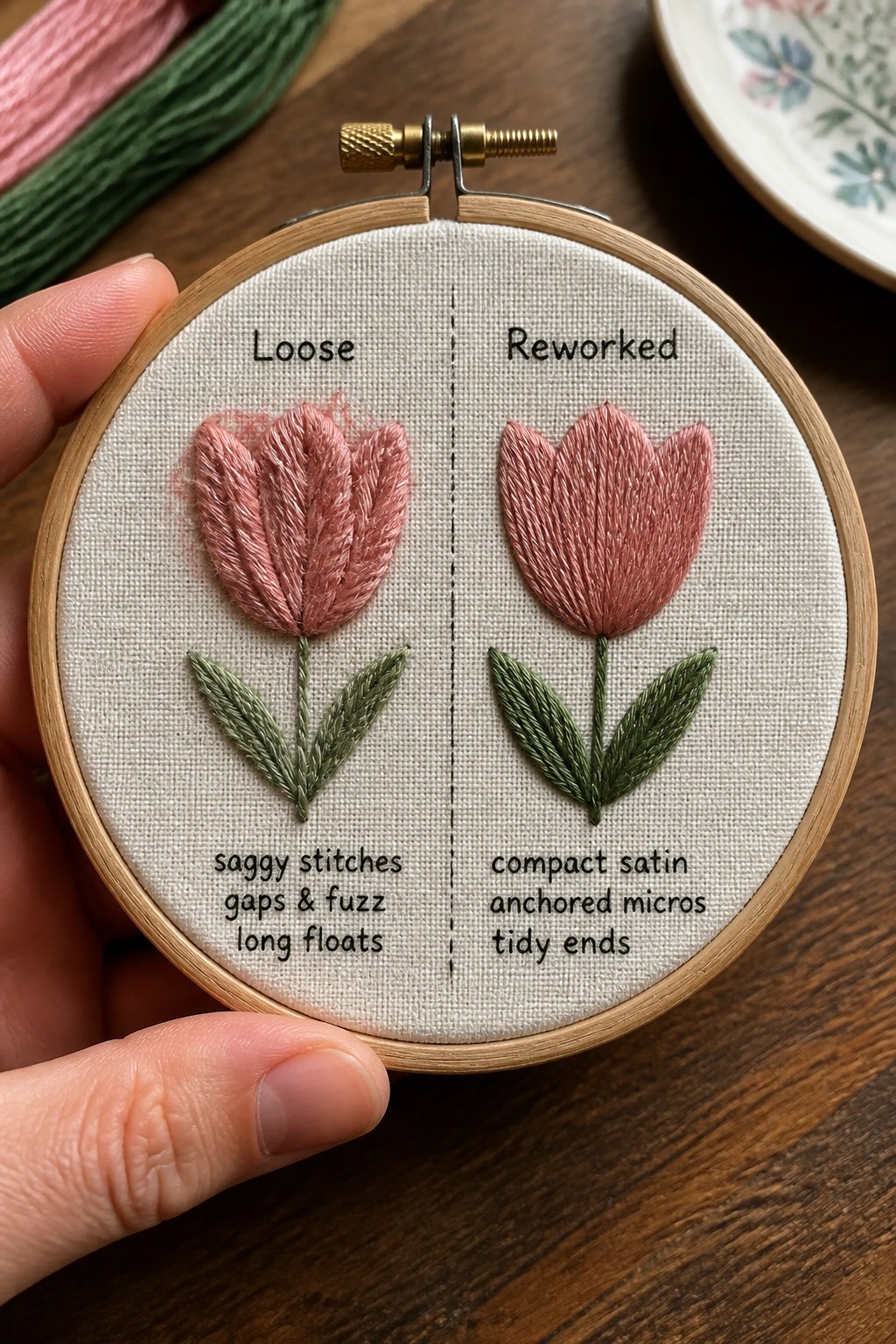 Embroidery hoop split vertically showing a loose pink tulip on the left and a neat reworked version on the right with green leaves and labels.