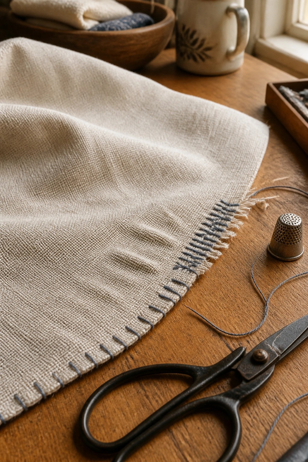 Beige fabric with blue stitching beside black scissors and thimble on wooden table