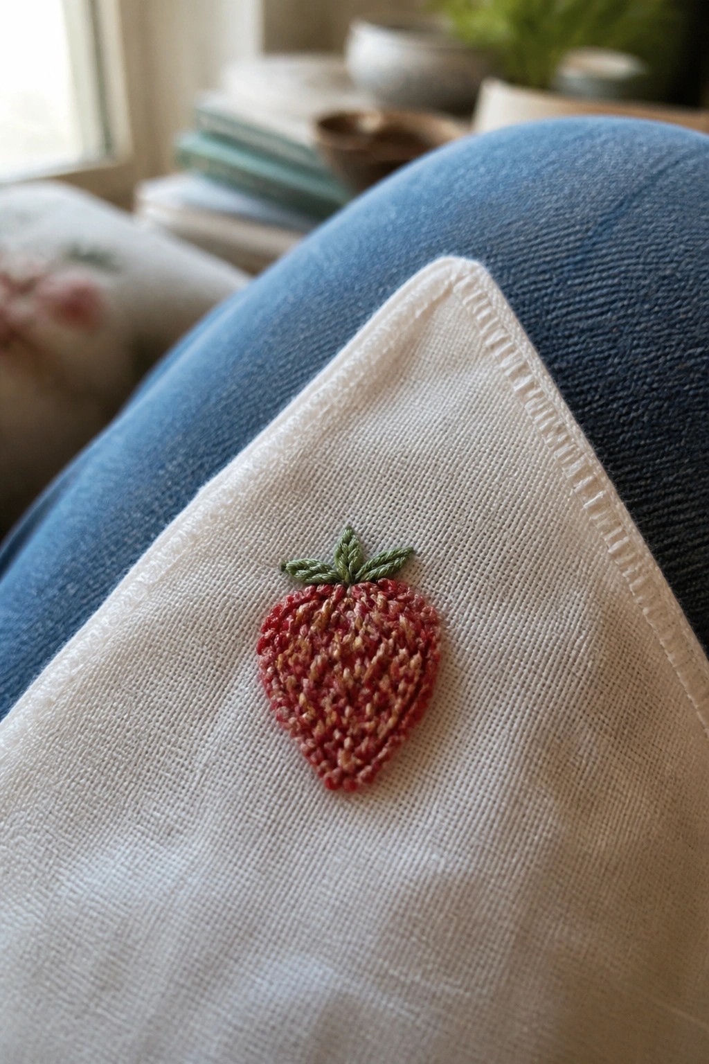 Embroidered red strawberry with green leaves on white fabric over blue jeans.