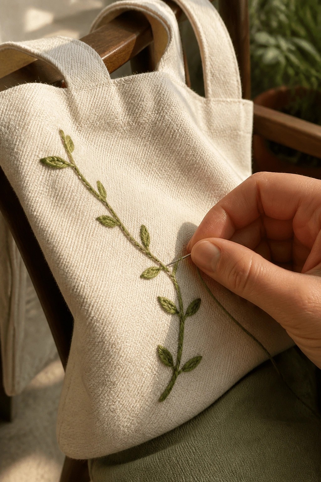 Hand embroidering green leafy vine on white canvas tote bag