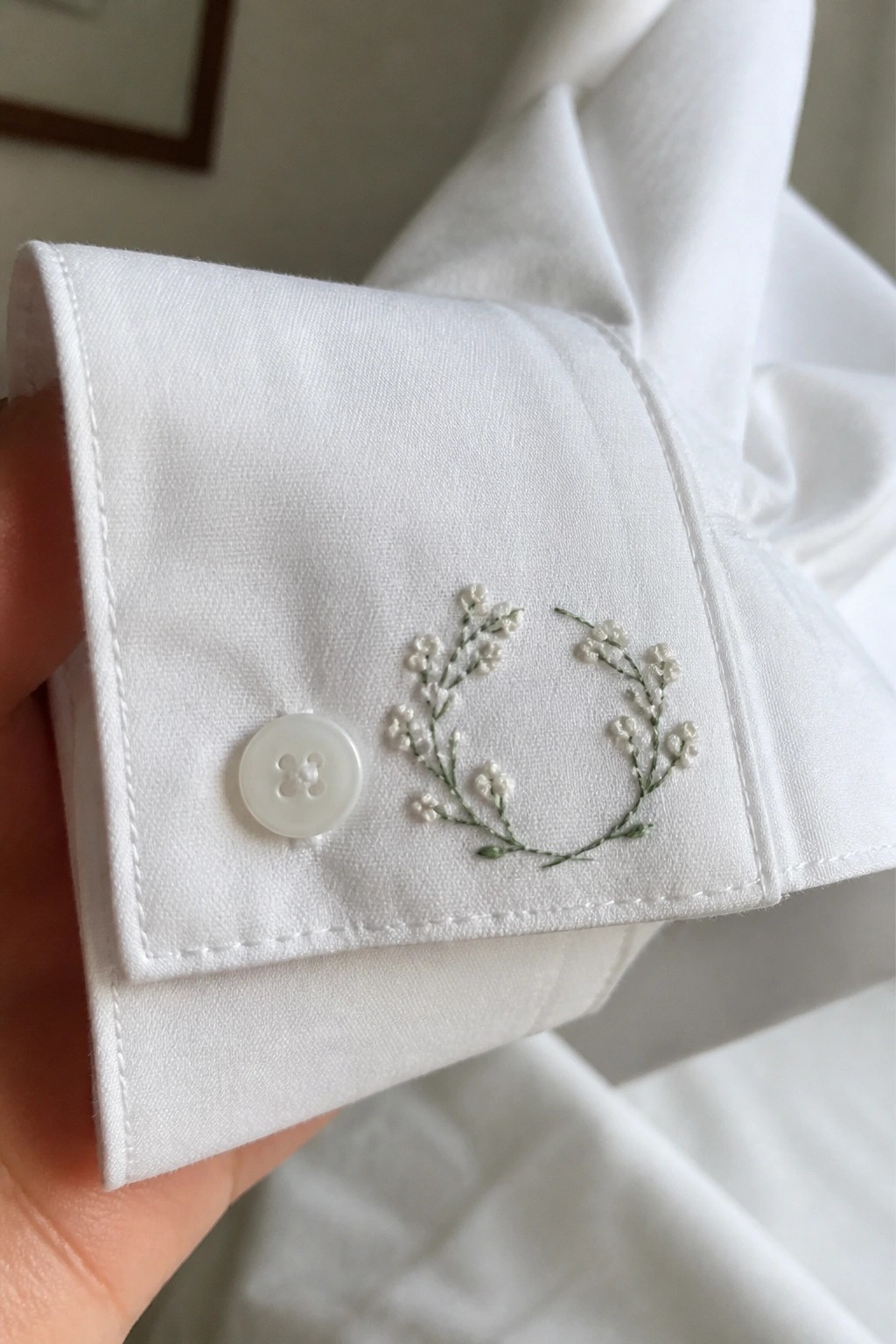 White shirt cuff with pearl button and green floral embroidery
