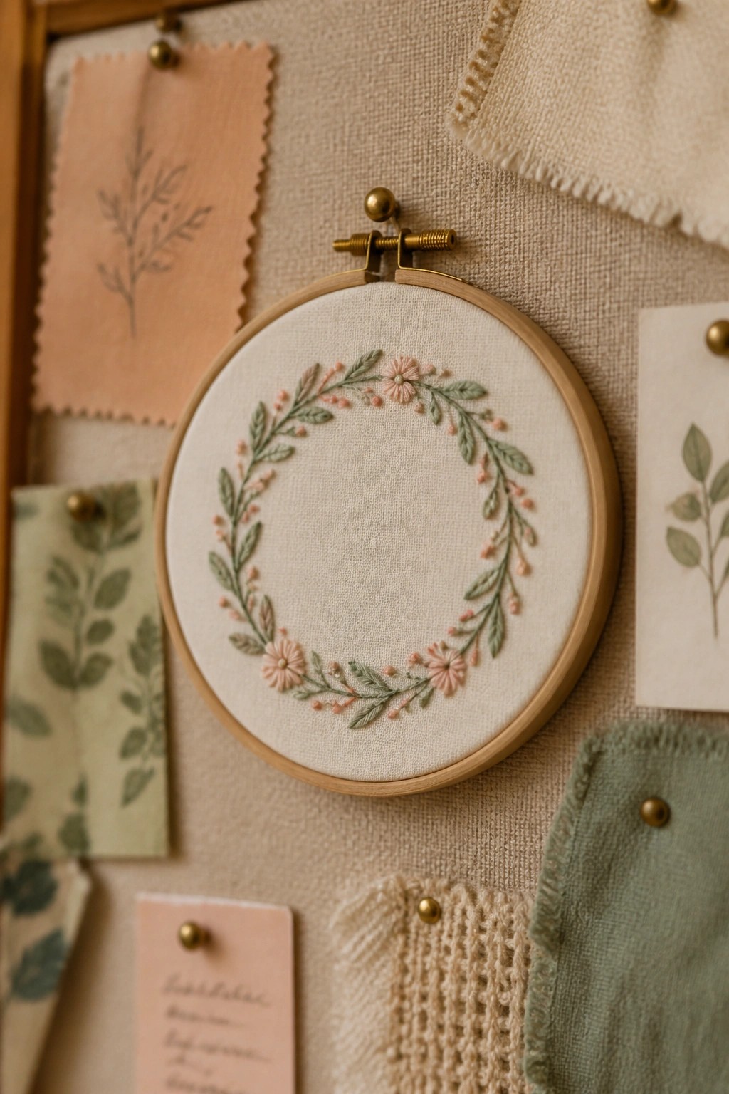 Embroidery hoop with a circular wreath of green leaves and pink flowers on white fabric.
