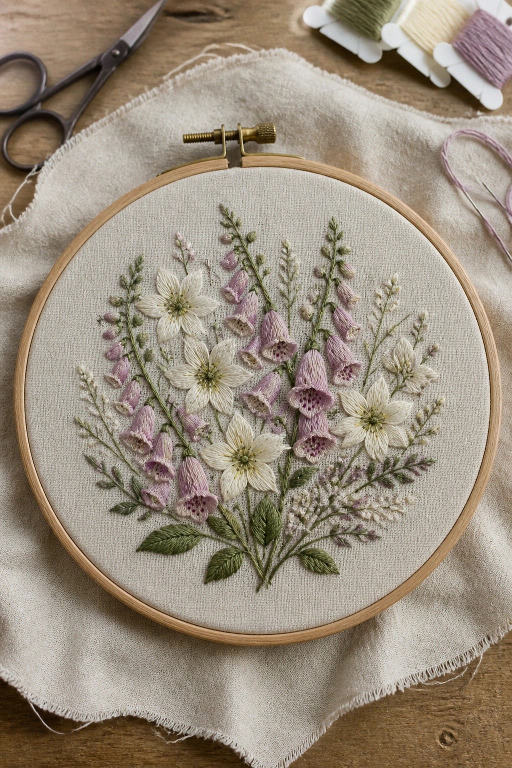 Embroidery hoop with pink bellflowers, white blooms, and green foliage on beige fabric