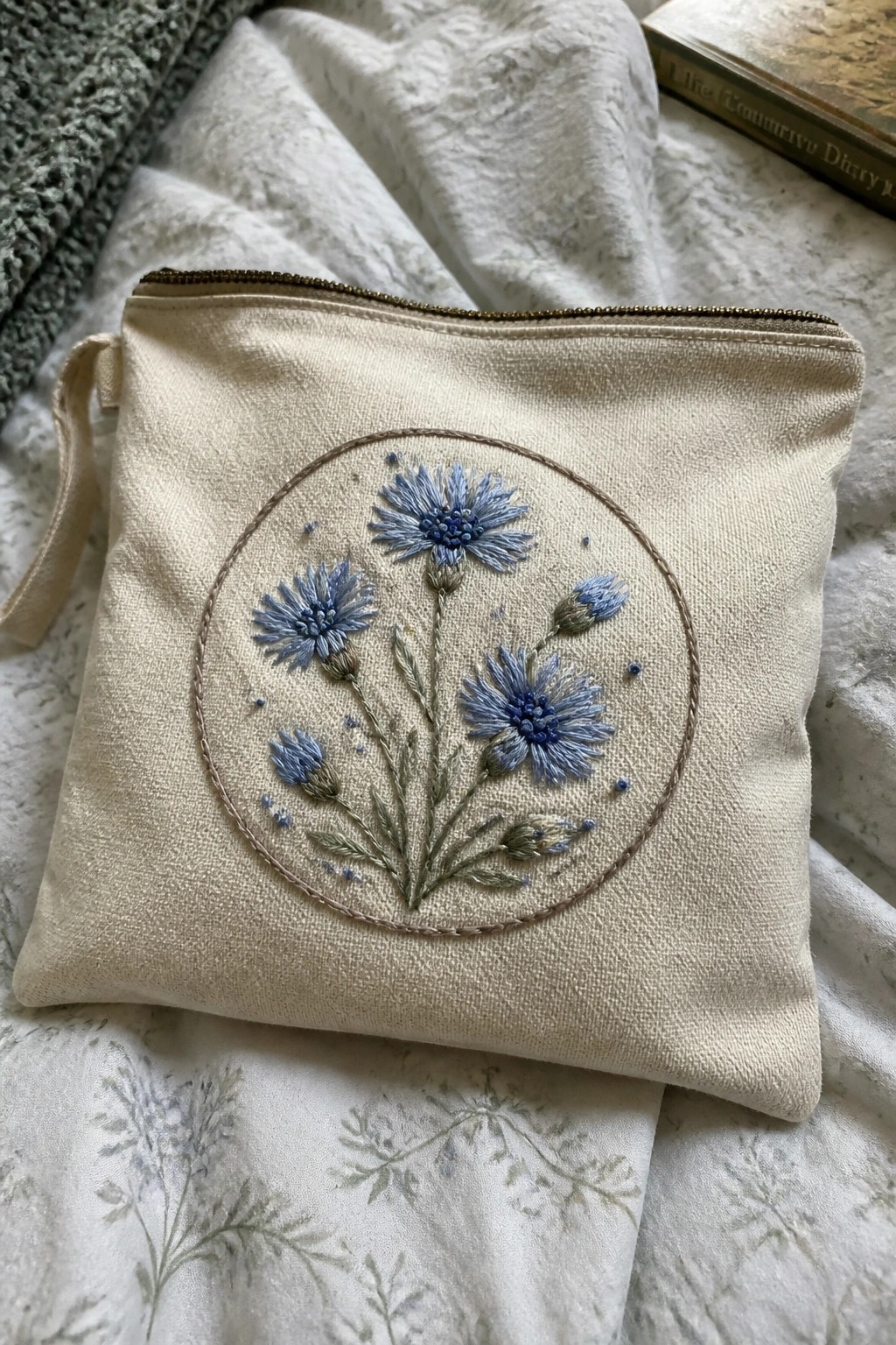 Beige fabric pouch with blue embroidered flowers in a circle and a zipper at the top.