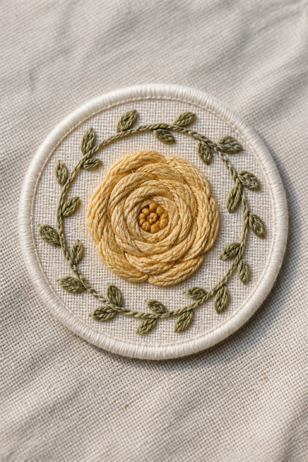 Yellow rose embroidery with green leaves in white circle on beige fabric.