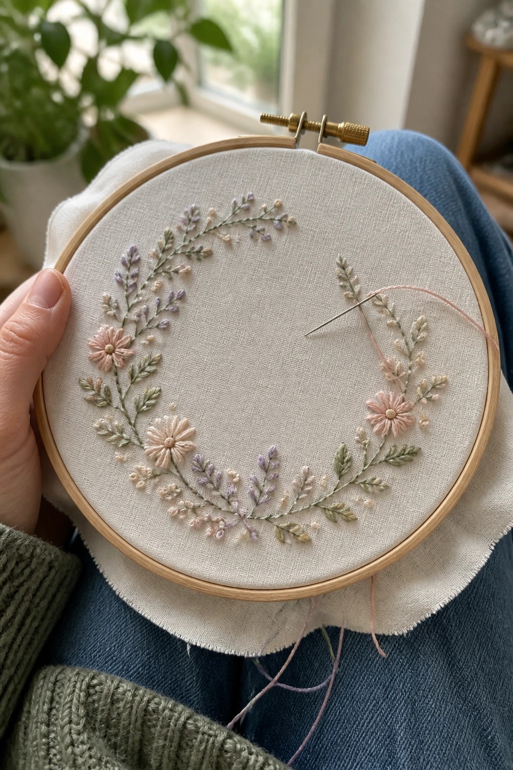 Hands holding wooden hoop with partial pink floral embroidery and needle on beige fabric