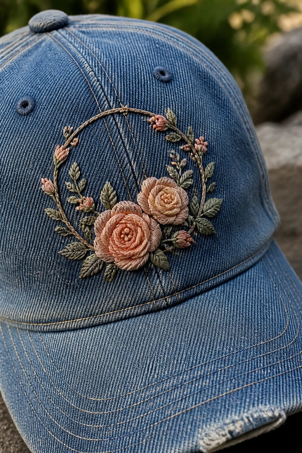Blue denim baseball cap with embroidered peach roses and leafy wreath design