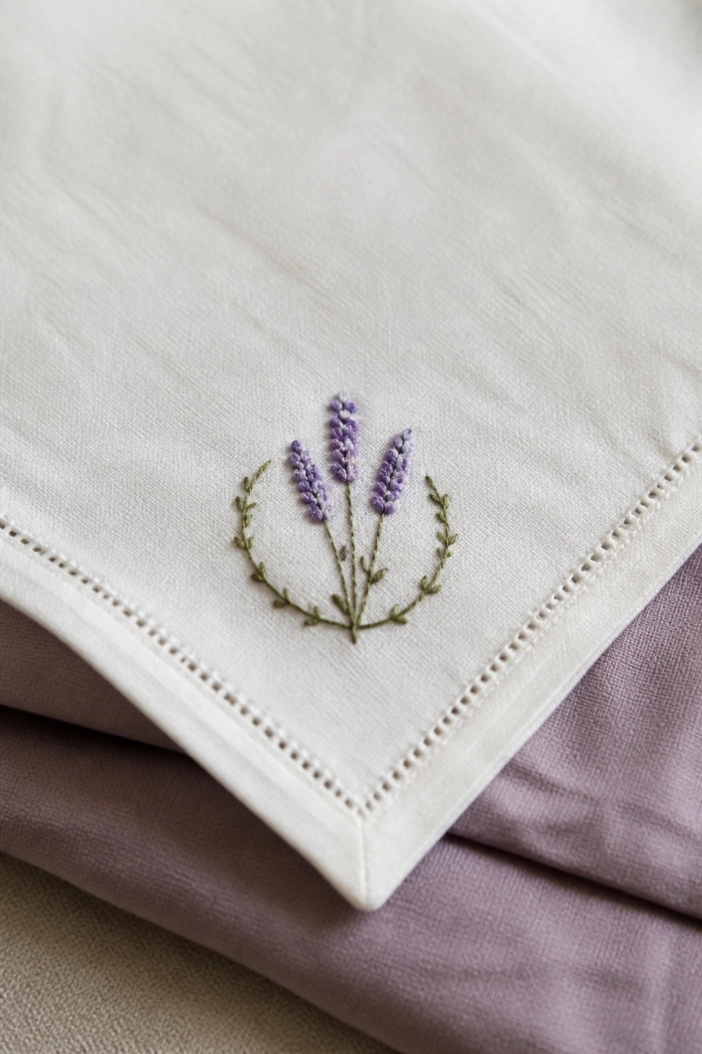 White cloth corner with purple lavender embroidery on soft mauve fabric