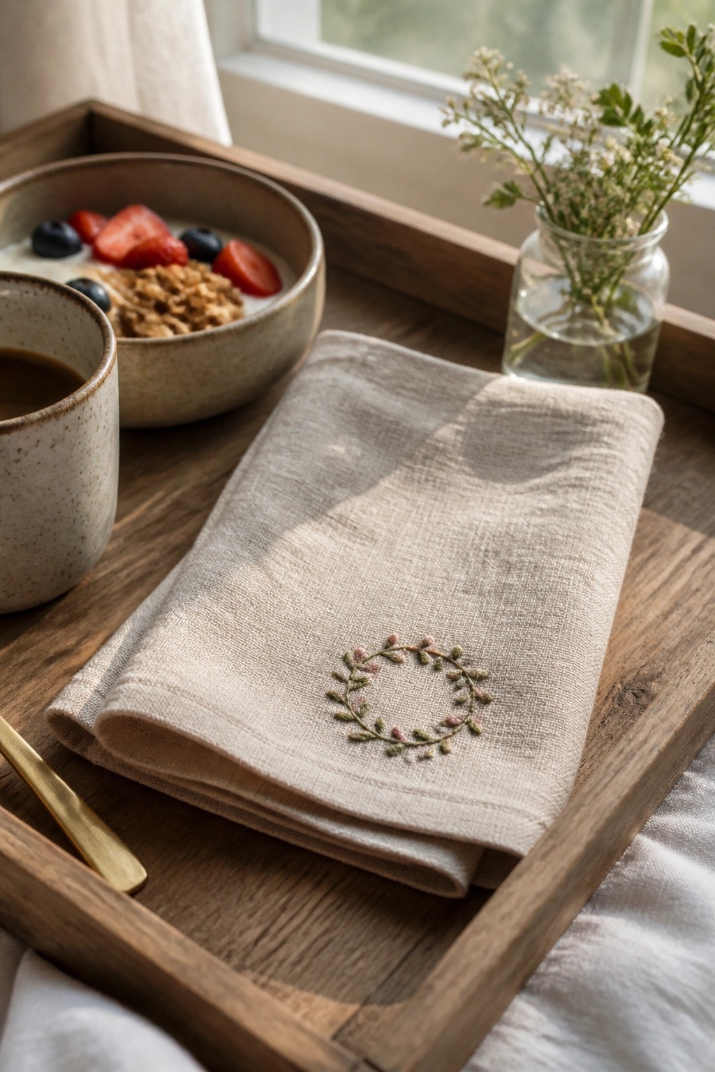 Folded embroidered linen napkin on wooden tray with yogurt bowl, coffee cup, and flowers