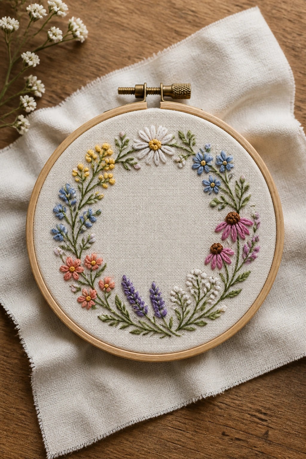 Wooden embroidery hoop with colorful floral wreath stitched on white fabric