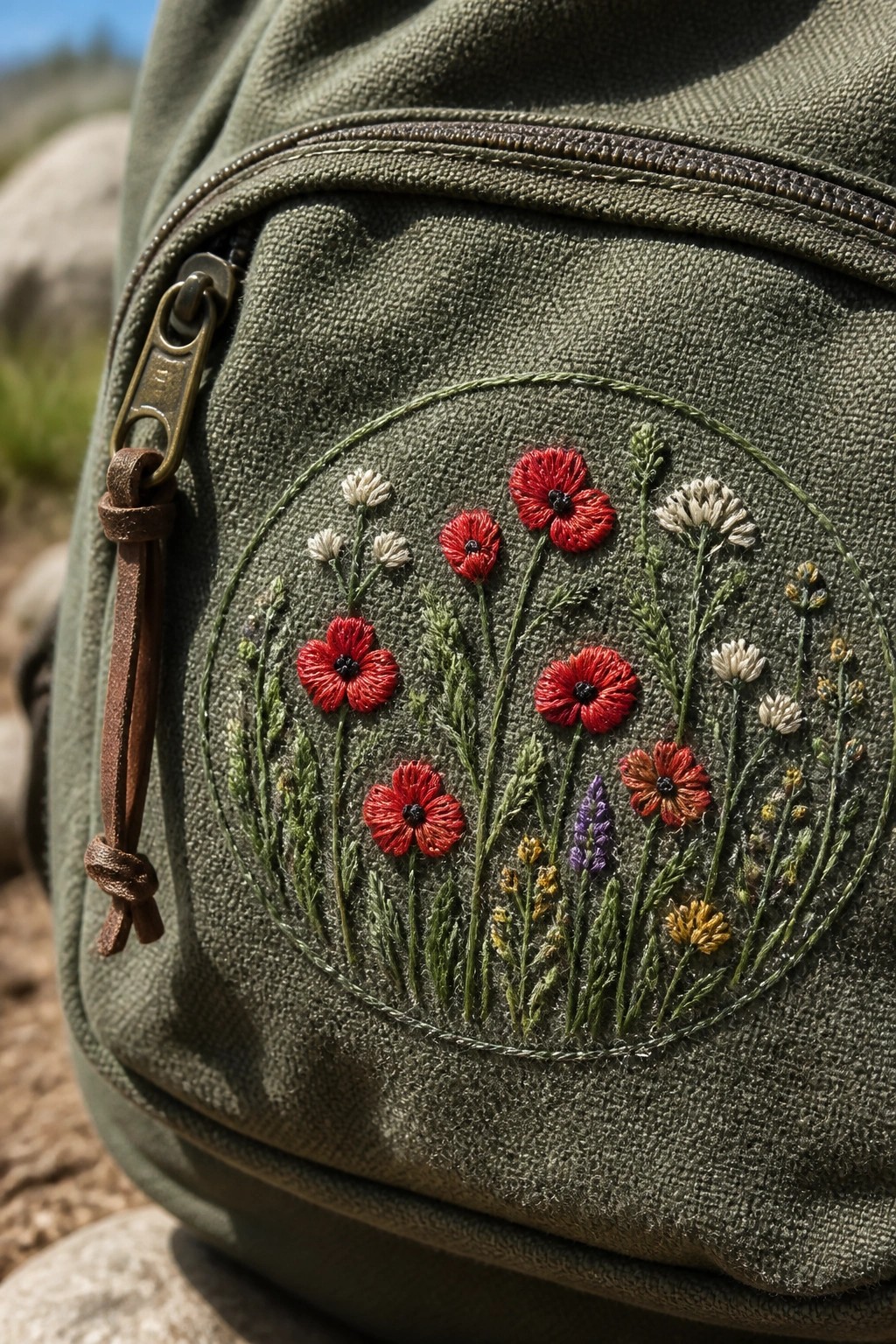 Close-up of green canvas bag showing red poppies and wildflowers embroidered inside a circular green border beside a zipper pull.