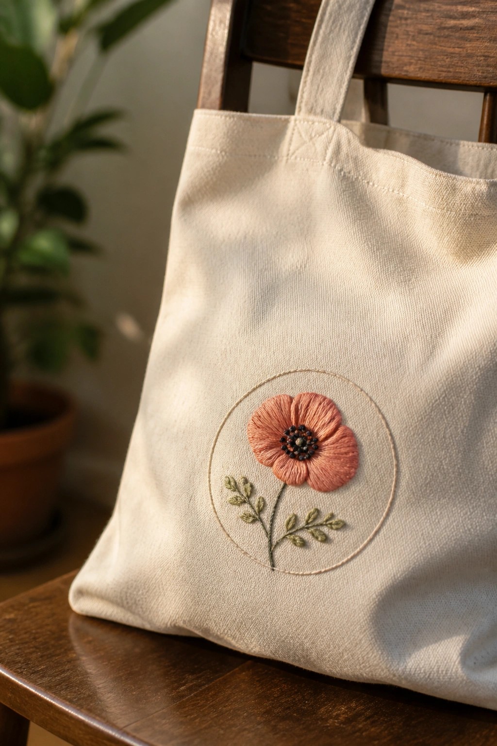 Cream tote bag with pink embroidered poppy on wooden chair in sunlight