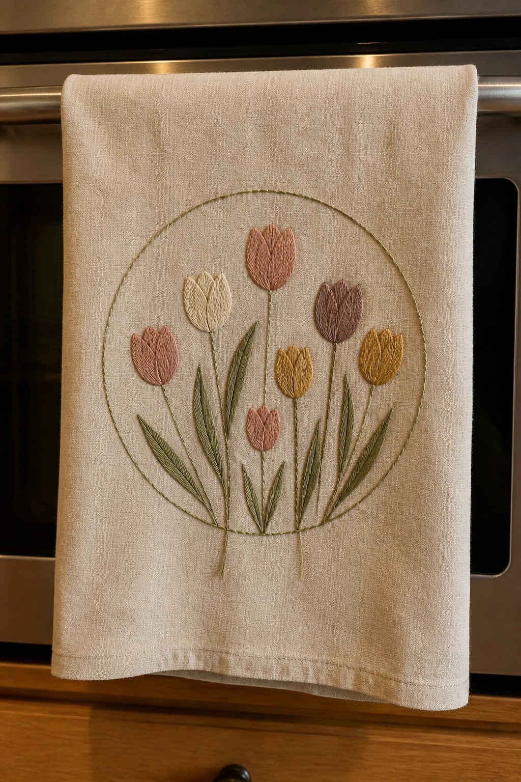 Embroidered colorful tulips in circle on beige towel over oven handle