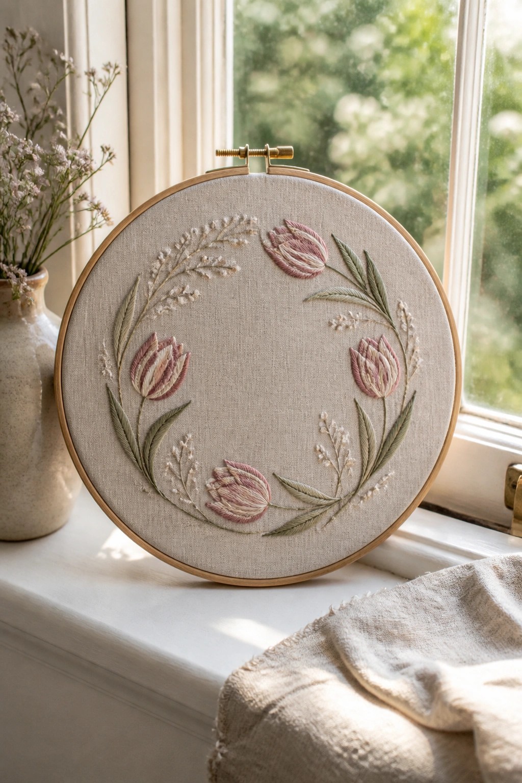 Embroidered pink tulips and green leaves in wooden hoop on windowsill
