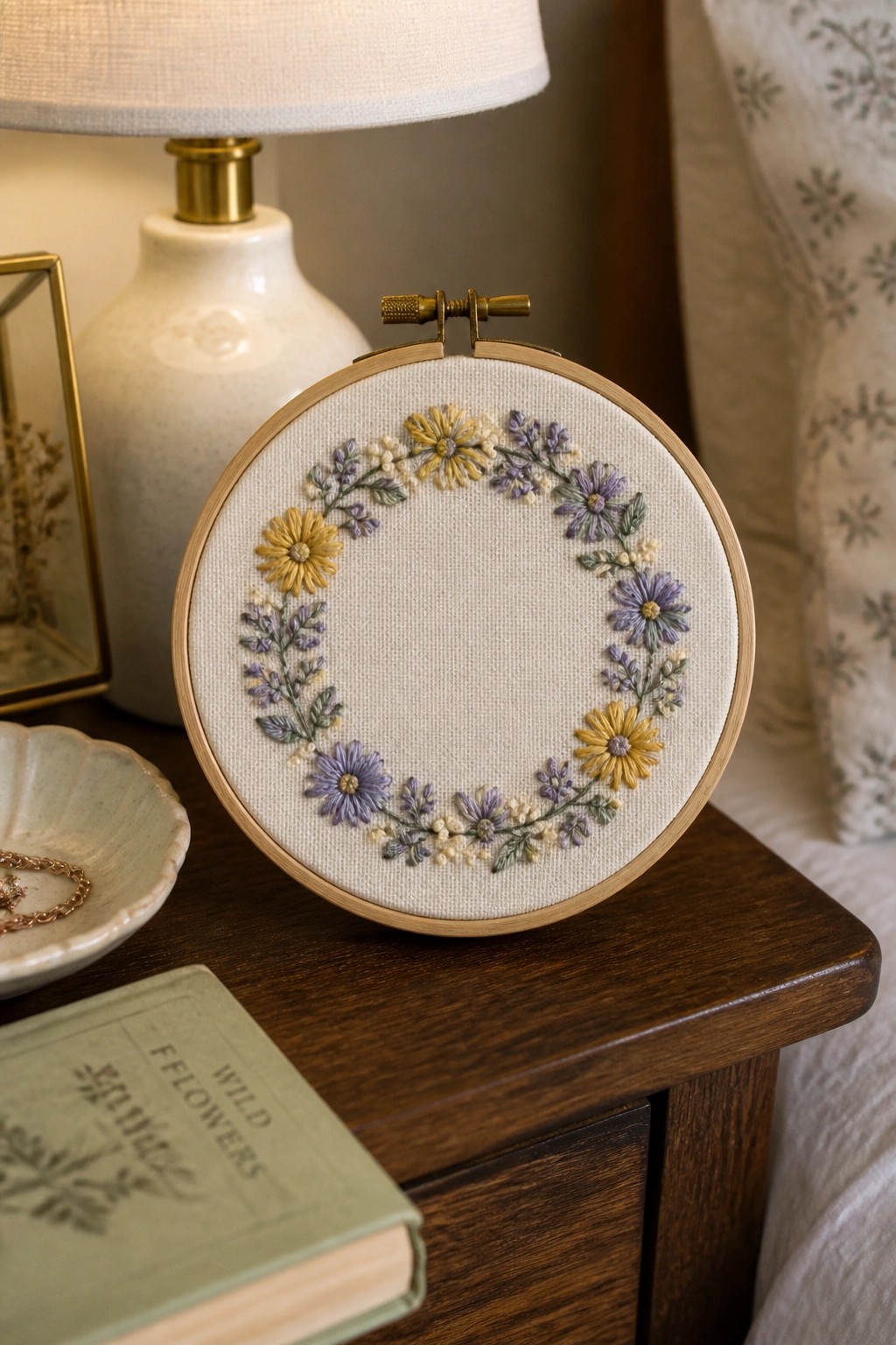 Embroidery hoop with yellow-purple floral wreath on wooden table beside a book.