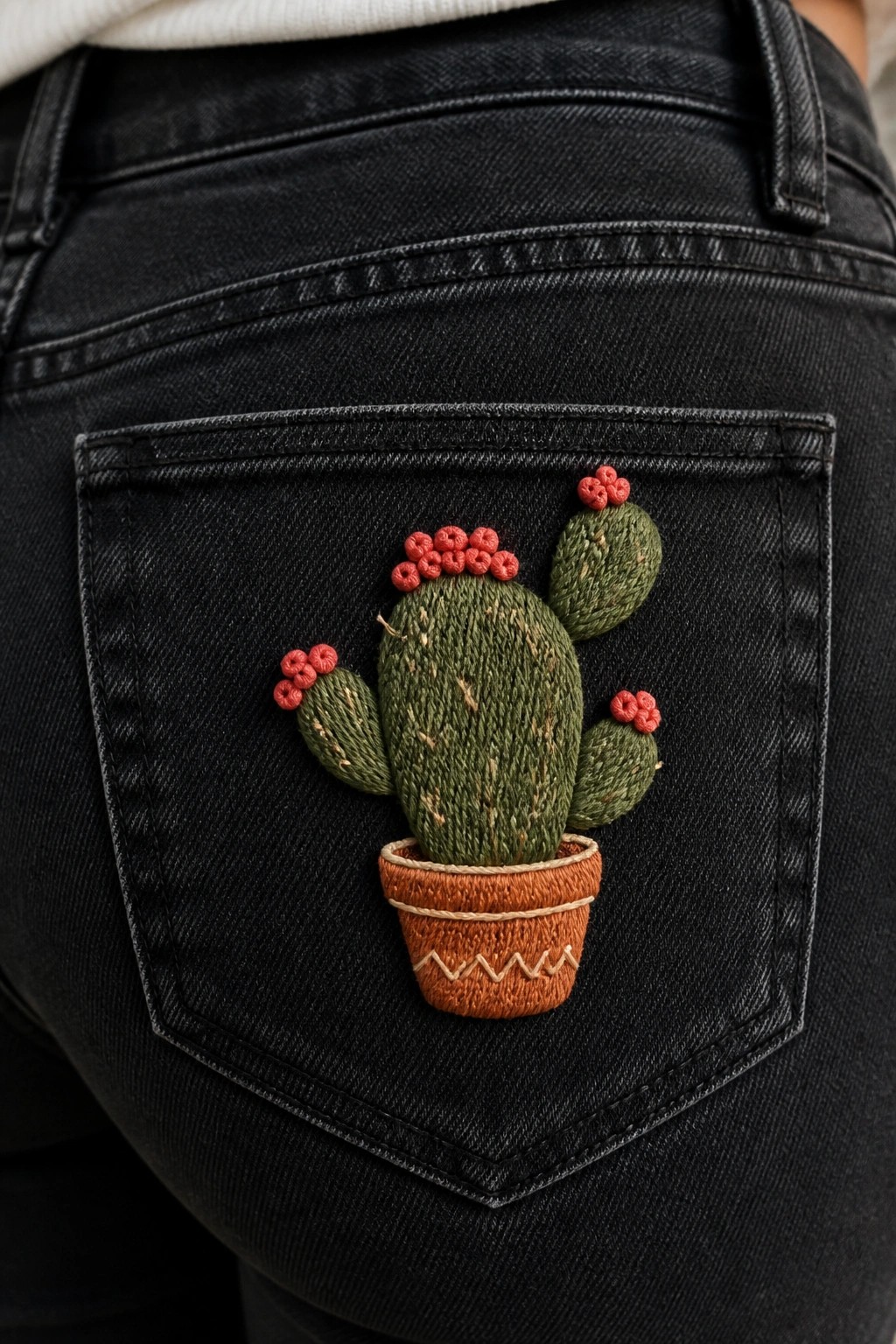 Embroidered green cactus with red flowers in brown pot on black jeans pocket