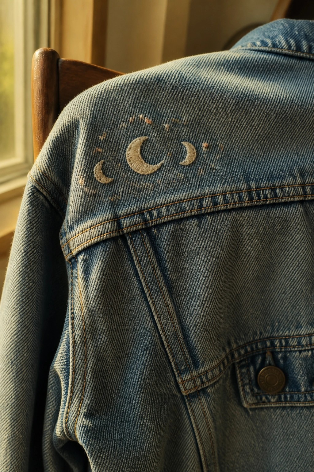 Light blue denim jacket with crescent moon embroidery on wooden chair in sunlight.