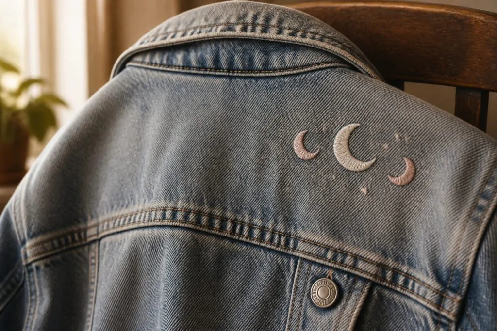 23 Stylish Easy Embroidery on Clothes for Simple Wardrobe Updates Light blue denim jacket with crescent moon embroidery on wooden chair in sunlight.