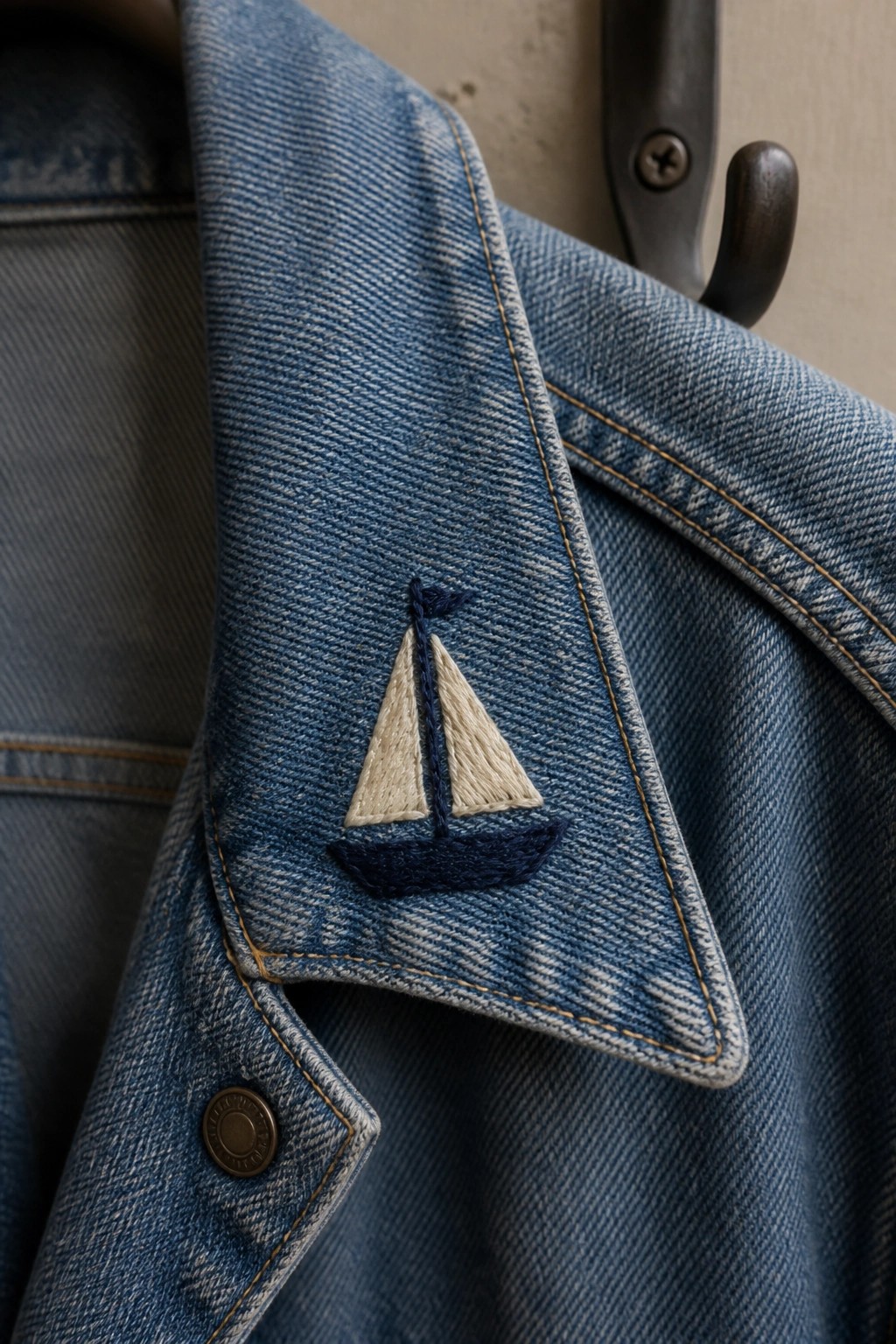 Close-up of blue denim jacket collar with small embroidered sailboat in dark blue and off-white thread.