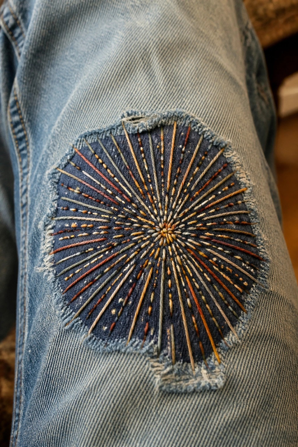 Denim jeans with dark blue frayed patch featuring colorful radiating starburst embroidery.