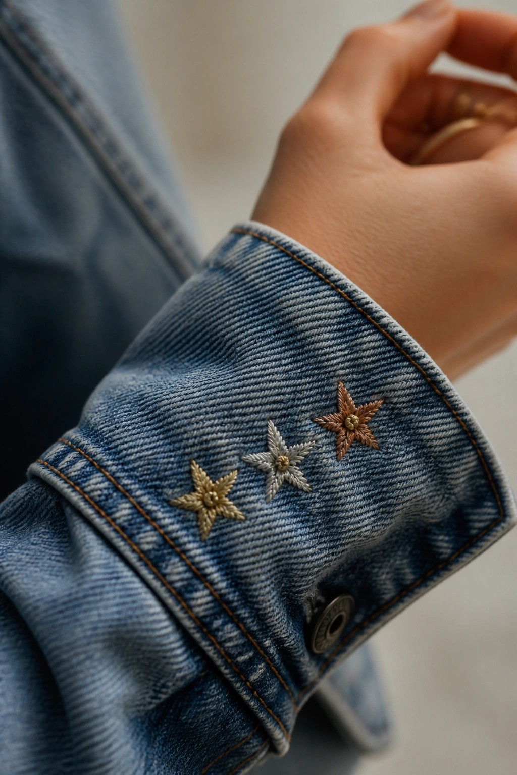 Blue denim cuff embroidered with three metallic stars in gold, silver, and bronze.