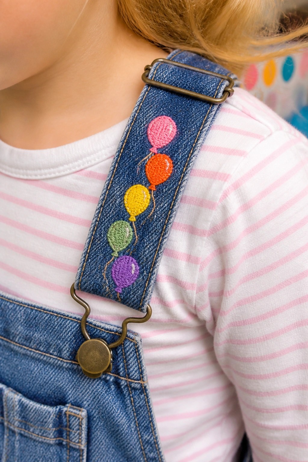 Denim overalls strap embroidered with pink, orange, yellow, green, and purple balloons.