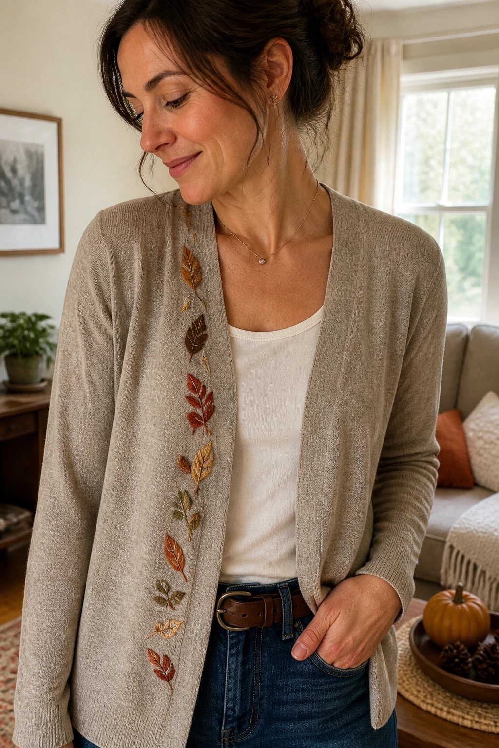 Woman in beige cardigan with autumn leaf embroidery over white top and blue jeans