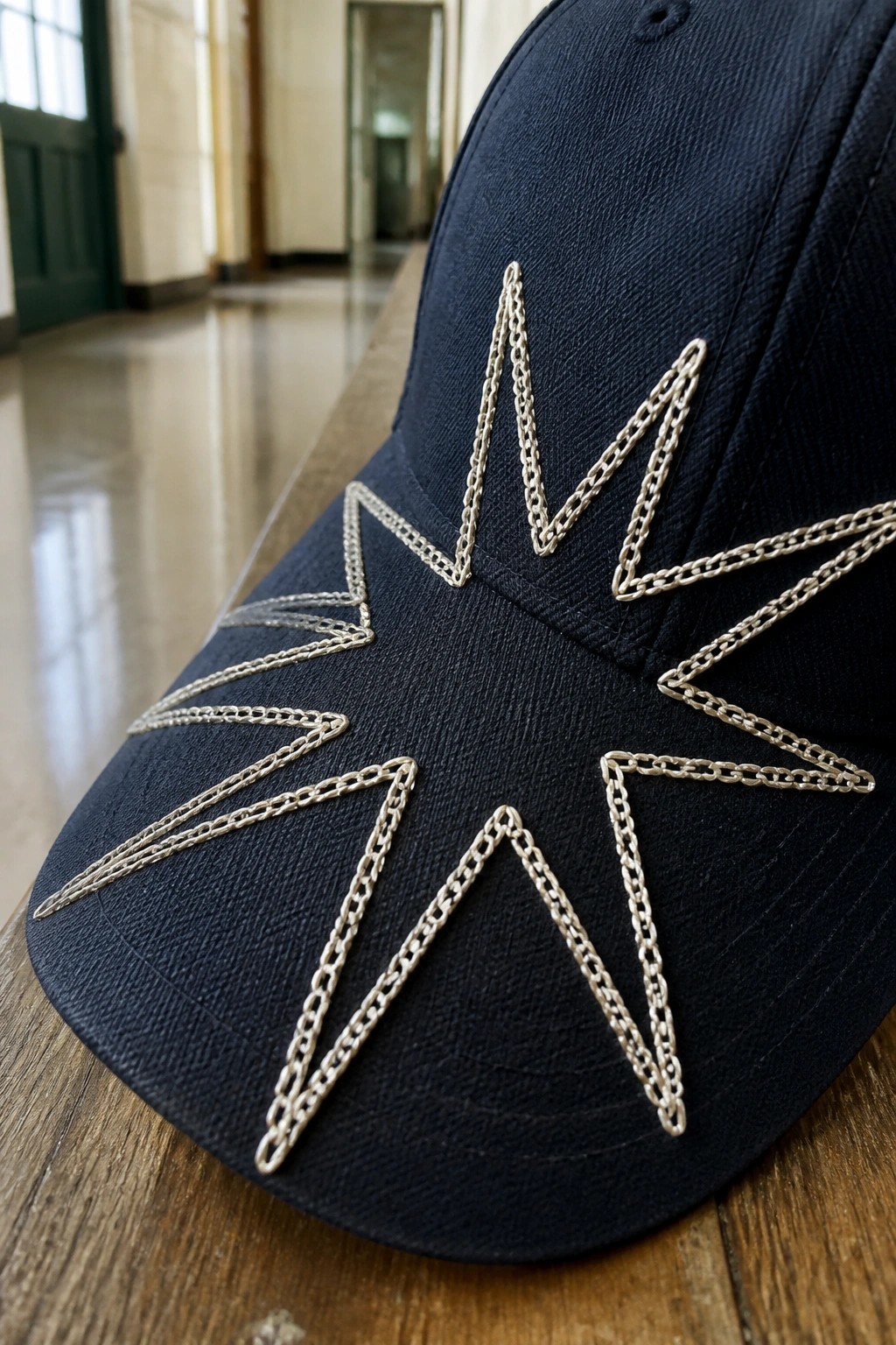 Navy baseball cap with silver chain embroidery forming a starburst pattern across the front.