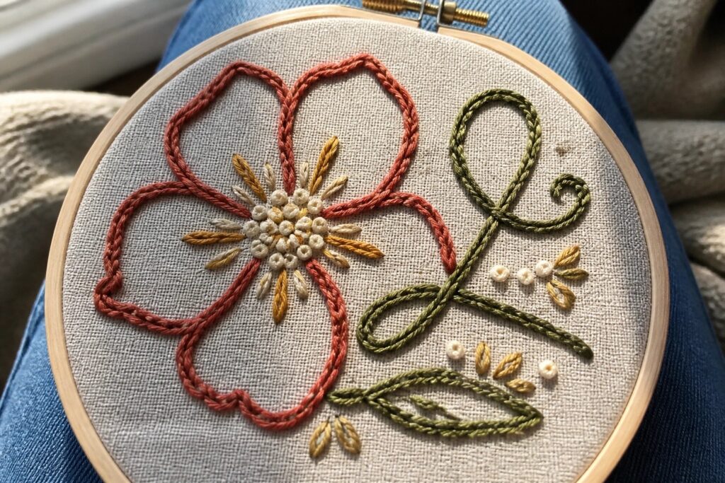 Wooden hoop with green floral embroidery and white accents on beige fabric over blue jeans.