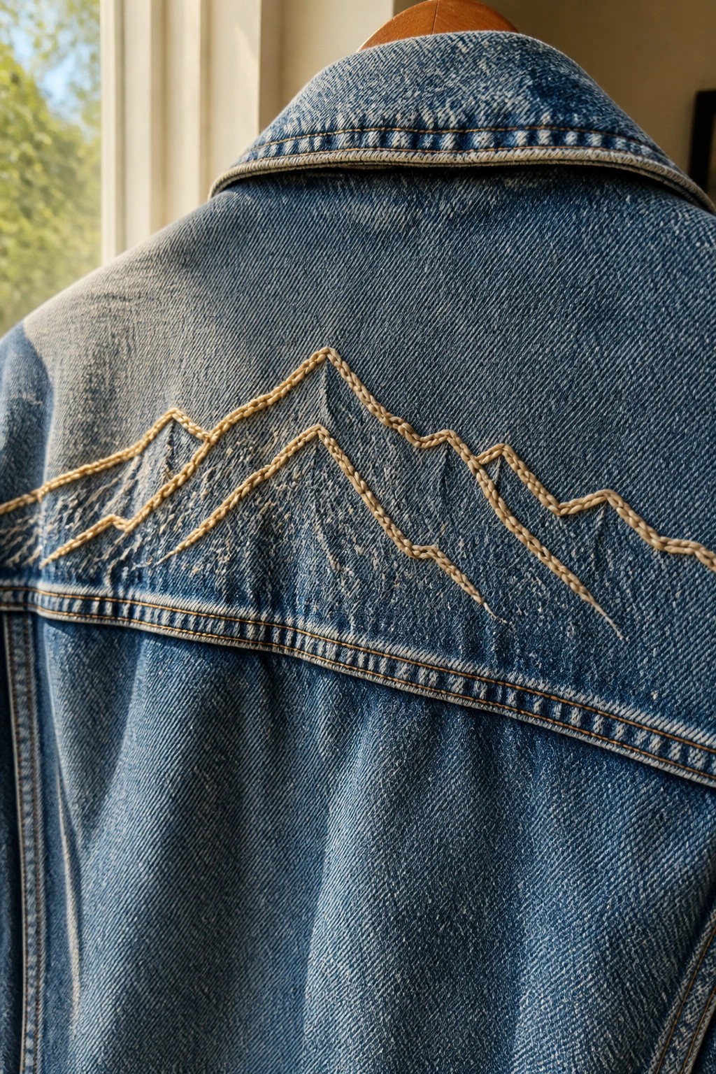 Blue denim jacket with beige mountain embroidery across the upper back.