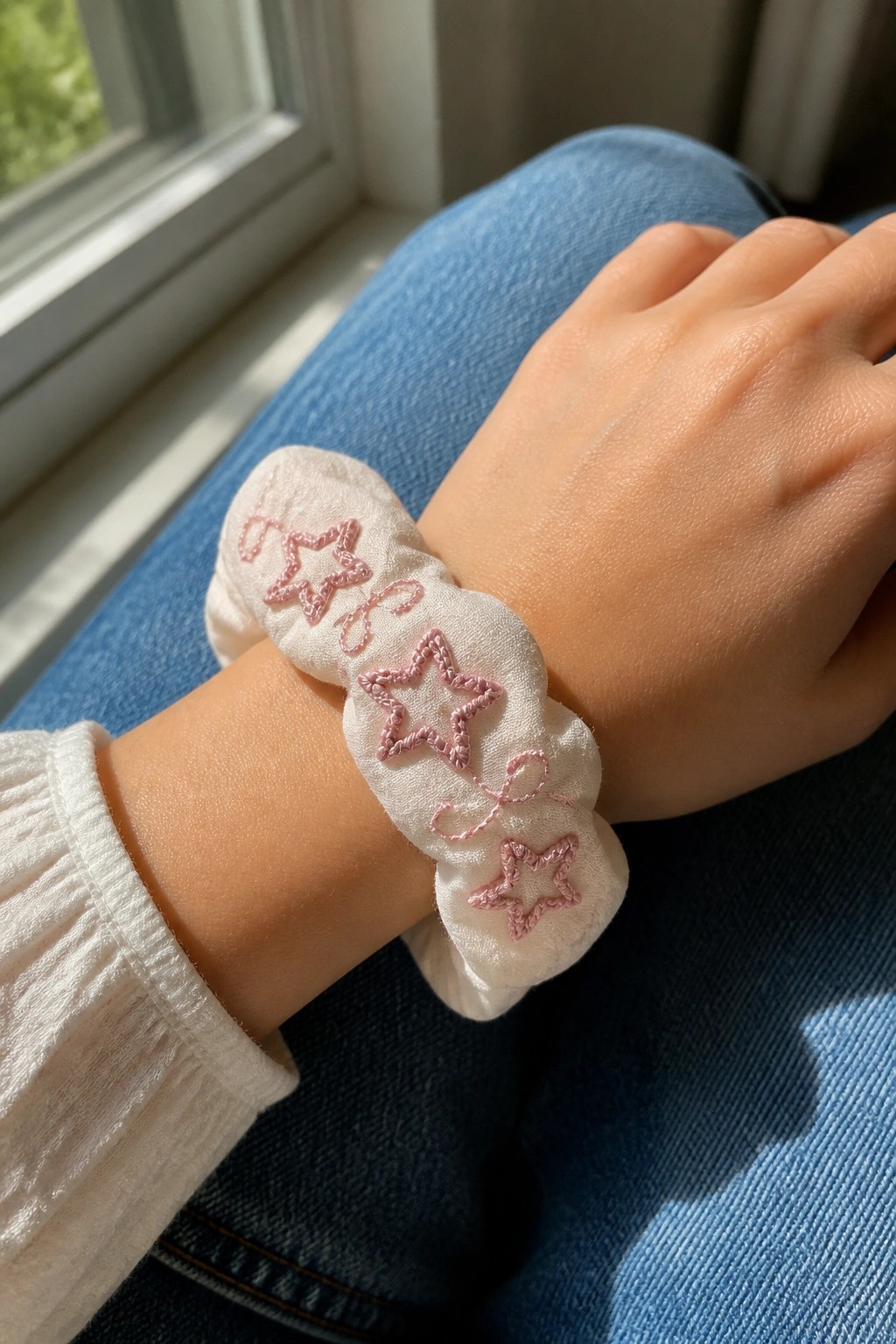 White scrunchie with pink embroidered stars on wrist over blue jeans