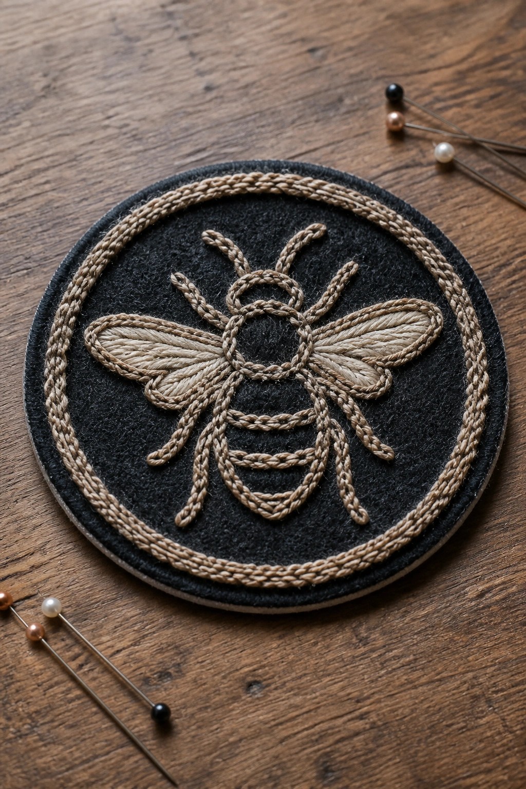 Embroidered bee on black circular felt with beige thread and braided border on wood