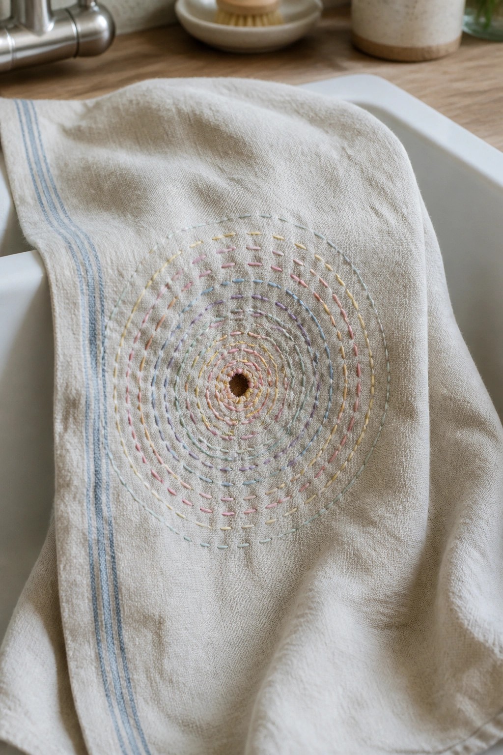 Beige linen towel with pastel spiral embroidery draped over white kitchen sink