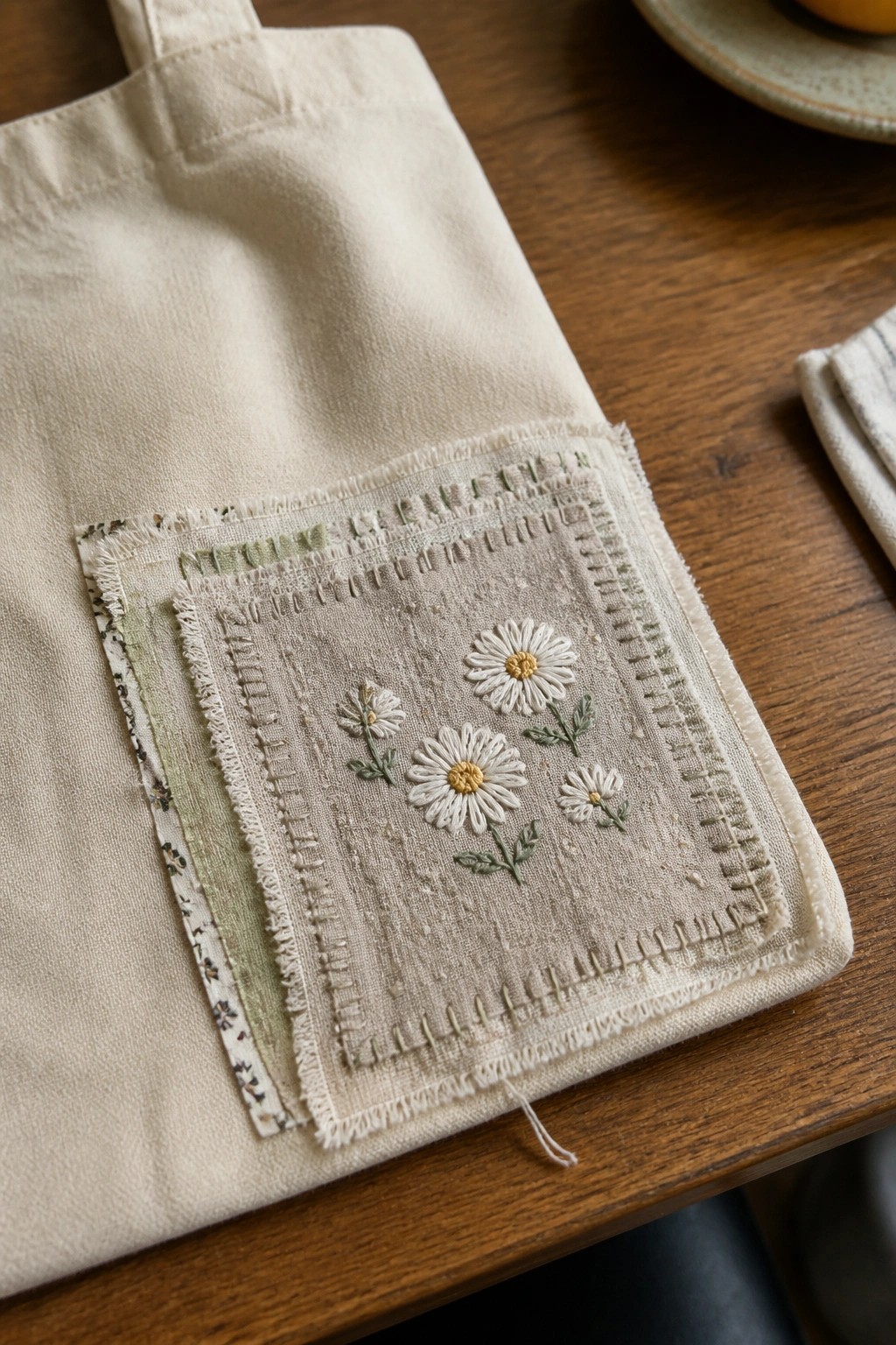 Canvas tote bag with embroidered white daisies on a fabric patch