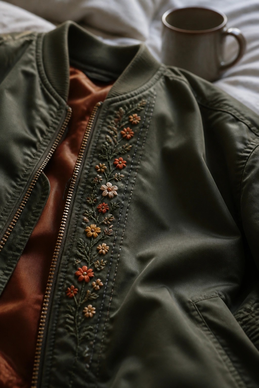 Olive green bomber jacket with floral embroidery beside a ceramic mug on white bedding