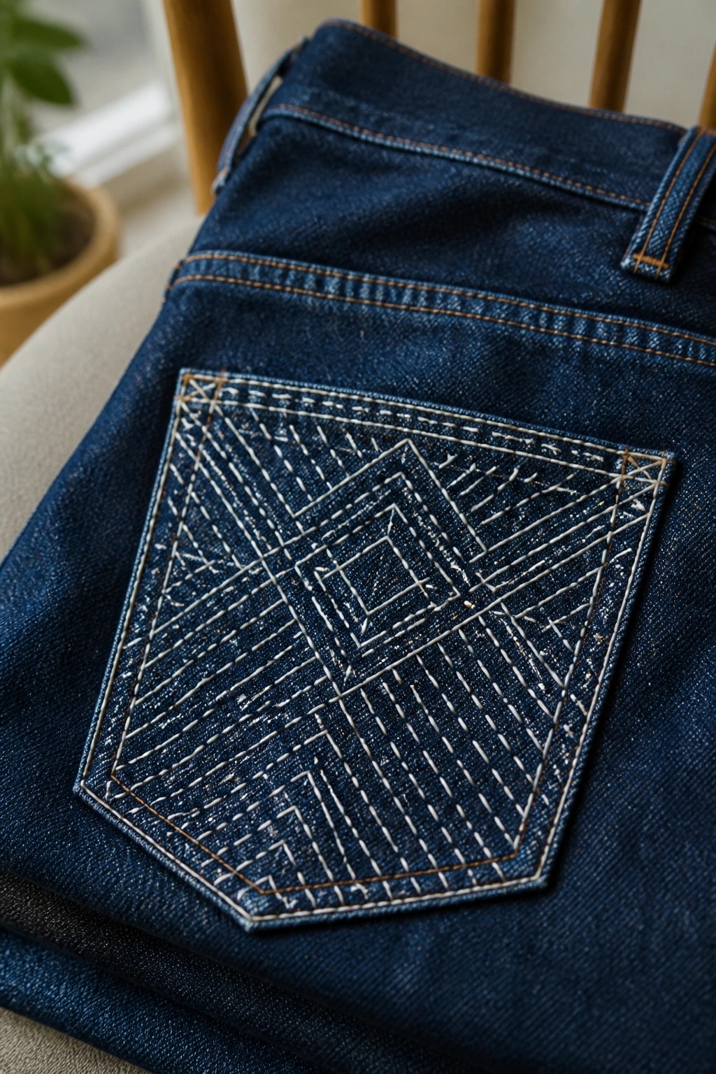 Dark blue denim jeans with intricate white geometric embroidery on back pocket.