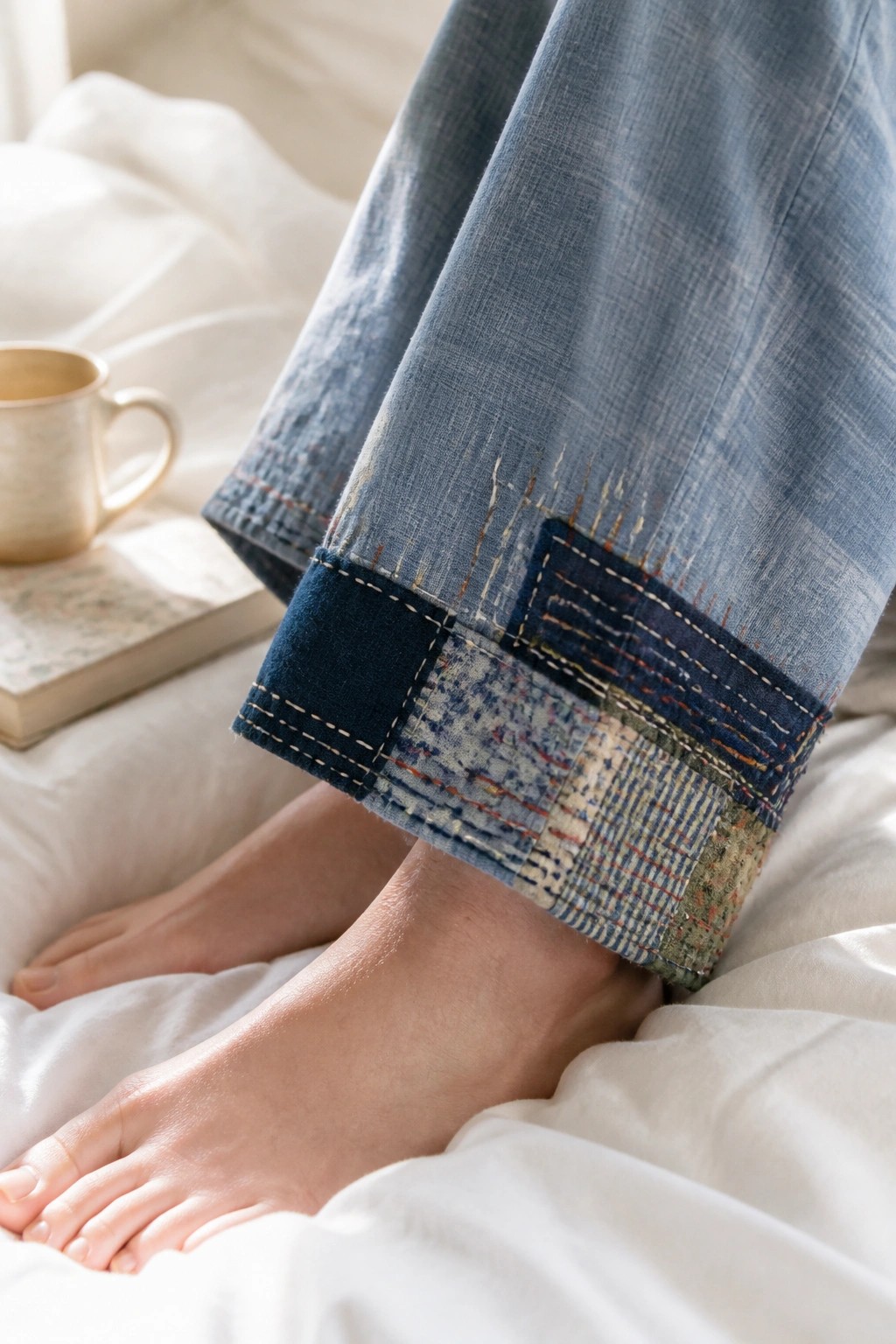 Close-up of blue denim jean cuffs with patchwork fabric patches and colorful stitching resting on white bedding.