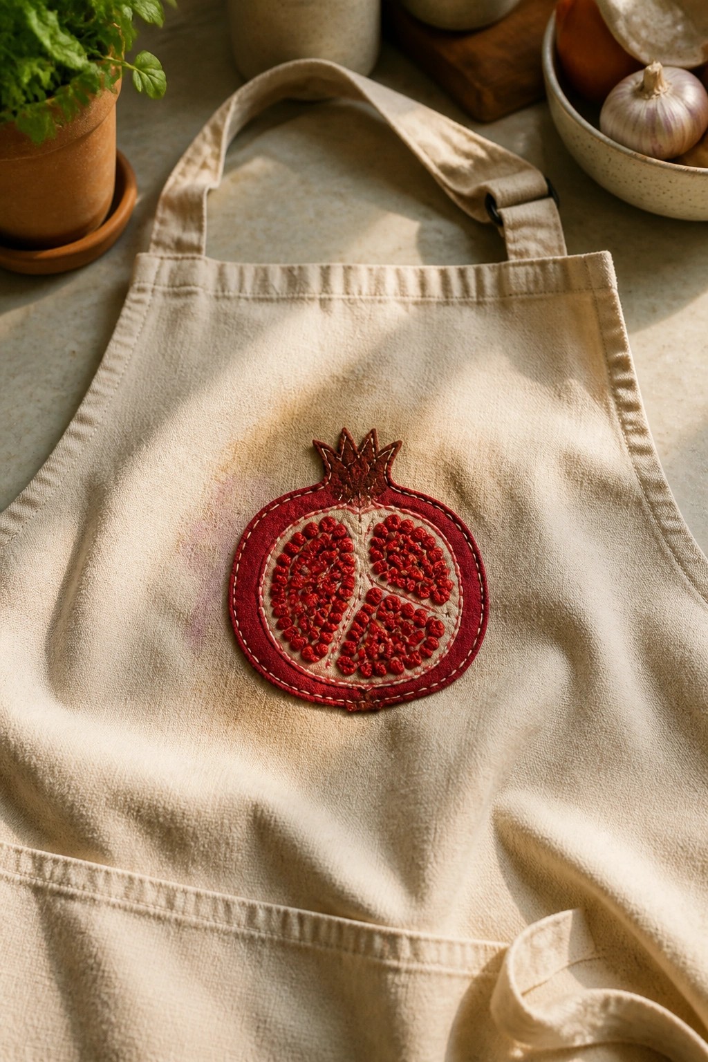 Beige apron with red embroidered pomegranate patch amid kitchen vegetables and herbs