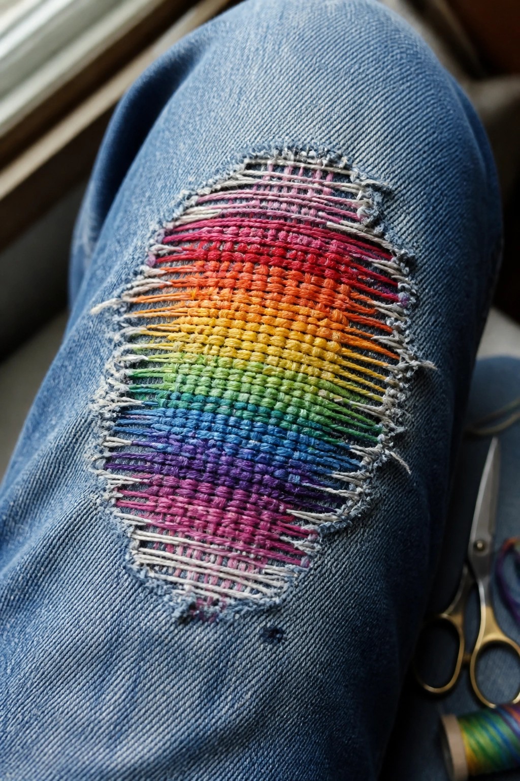 Rainbow embroidered patch repairing tear in blue denim jeans, scissors nearby.