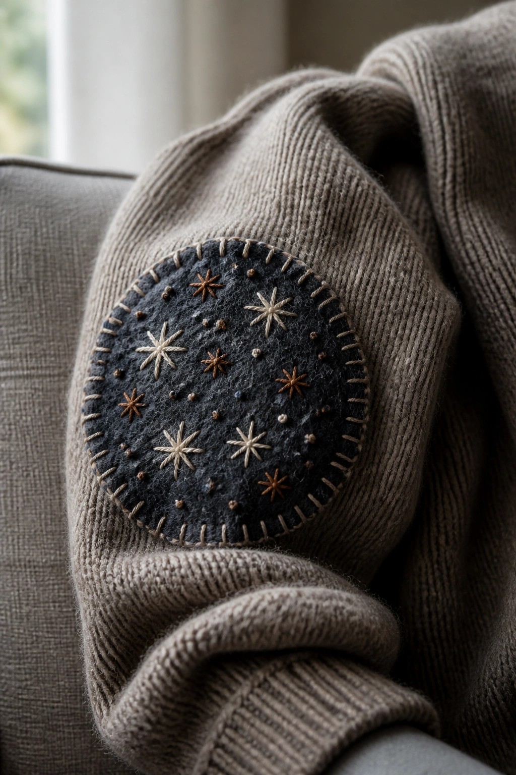 Beige knitted sweater with dark circular patch embroidered with stars and dots