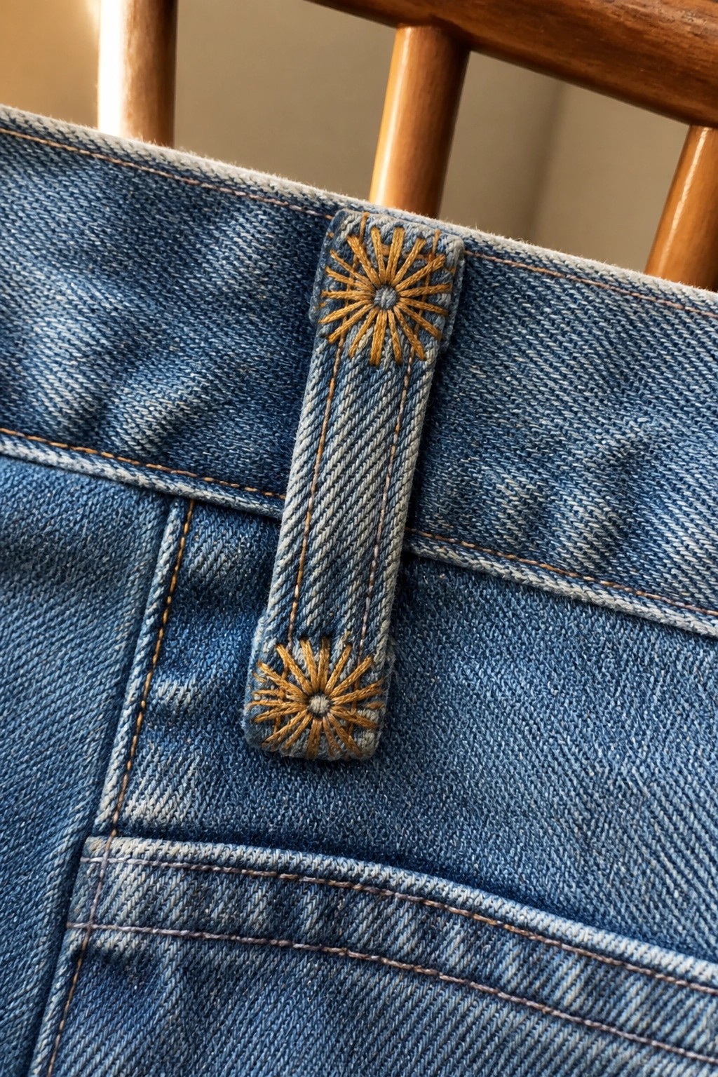 Blue denim jeans belt loop with yellow sunburst embroidery on wooden chair.