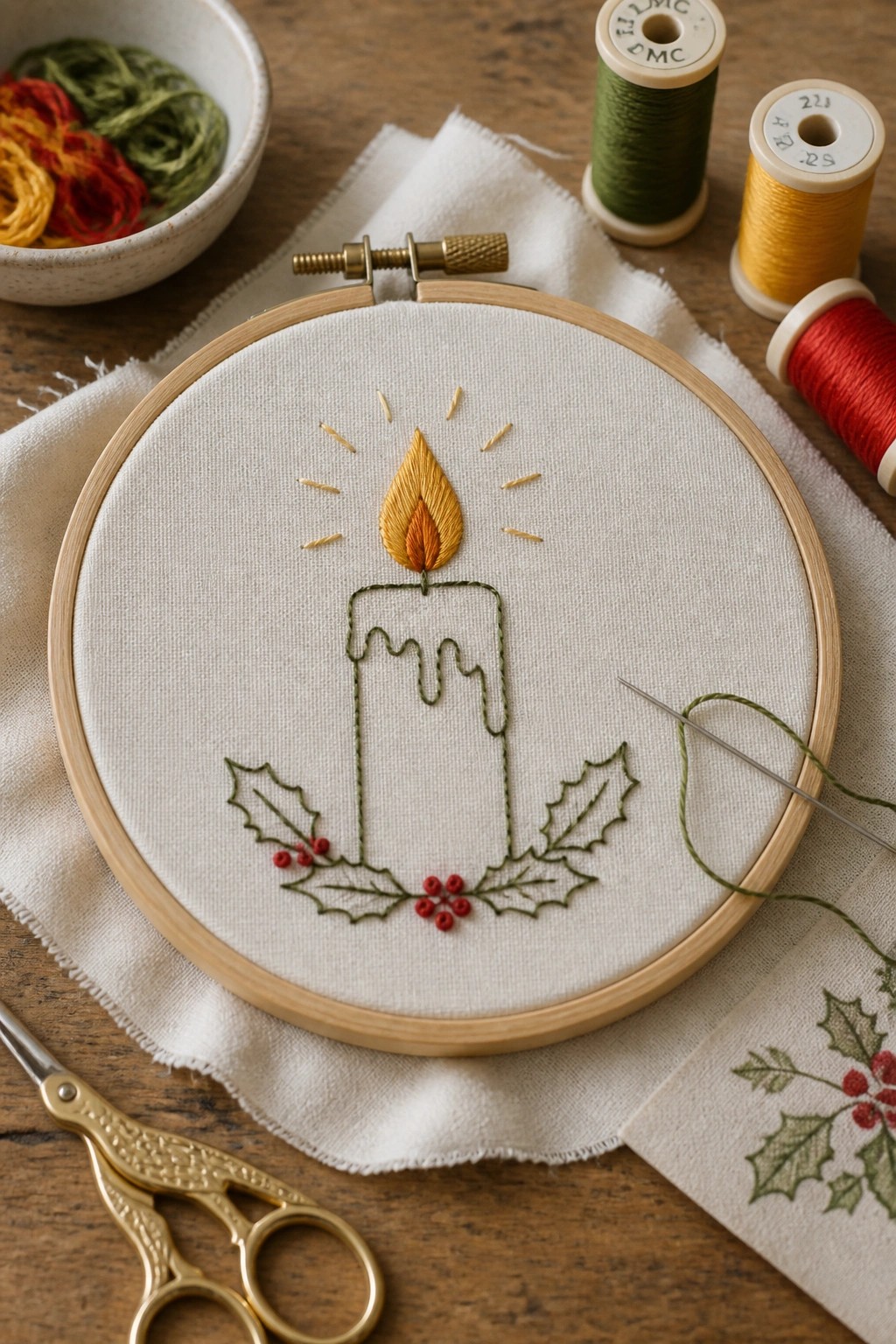 Embroidery hoop with candle, flame, holly leaves, and red berries amid thread spools.