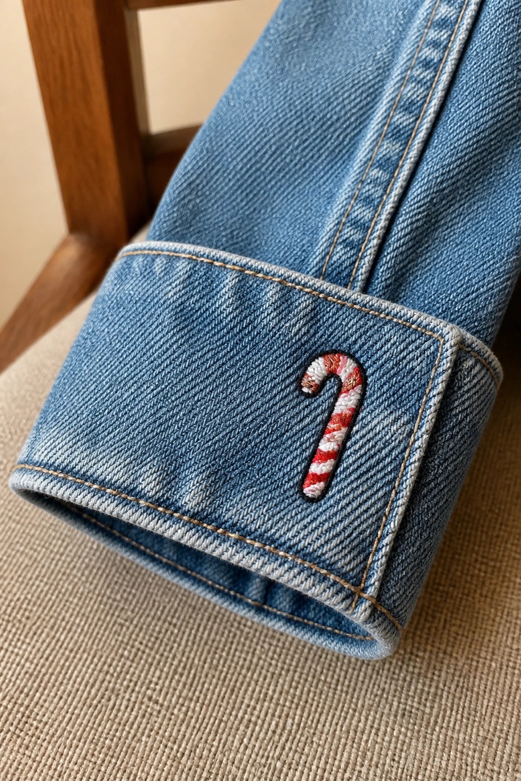 Close-up of blue denim jeans cuff with a red and white striped candy cane embroidered on the folded edge.