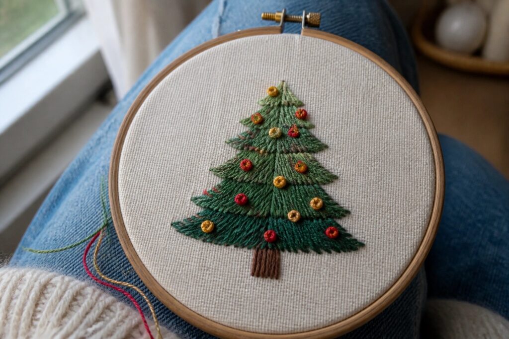 24 Cozy Christmas Embroidery Projects for Beginner Holiday Crafters A Christmas tree embroidered in an embroidery hoop using layered green threads with red and gold accents.
